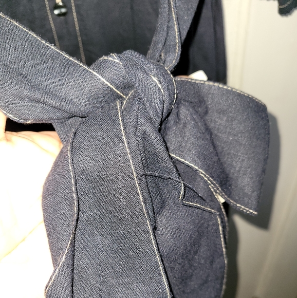 Linen/Denim Mix Knee Dress with Belt to Bow - Picture 4 of 4